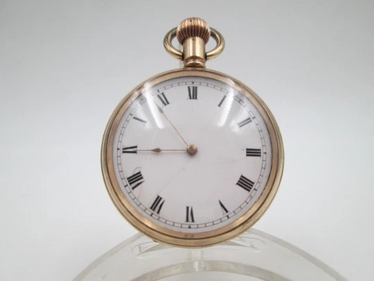 American Waltham open-face pocket watch. Gold plated. Stem-wind. Porcelain dial. 1910's