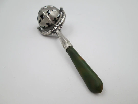 Baby rattle with handle. Sterling silver & bitone resin. Sphere with drops and butterflies