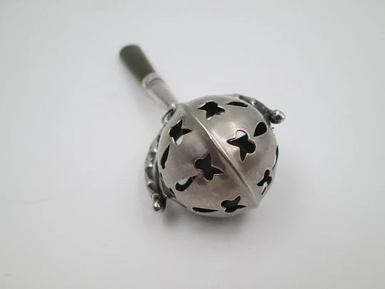 Baby rattle with handle. Sterling silver & bitone resin. Sphere with drops and butterflies