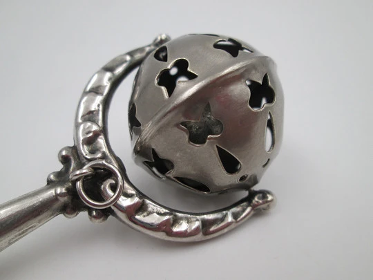 Baby rattle with handle. Sterling silver & bitone resin. Sphere with drops and butterflies