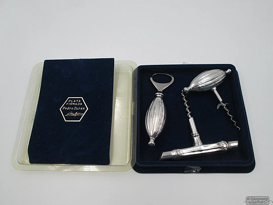 Bar set. Sterling silver. Pedro Duran. Box. Corkscrews & bottle opener