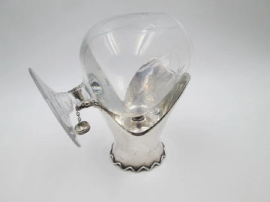 Brandy cognac glass warmer. 925 sterling silver and crystal. Alcohol burner. 1940's. Spain