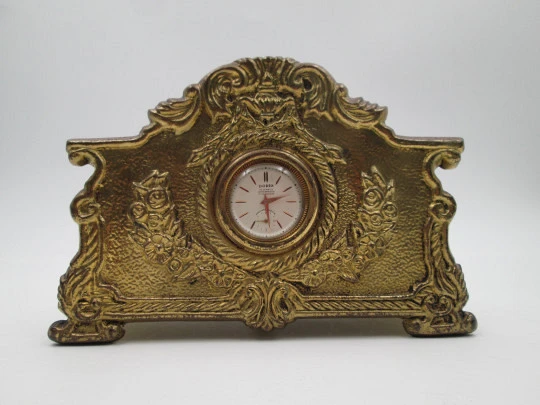 Cards desktop stand / letter holder with Dorex mechanical clock. Gold plated. Swiss. 1960's