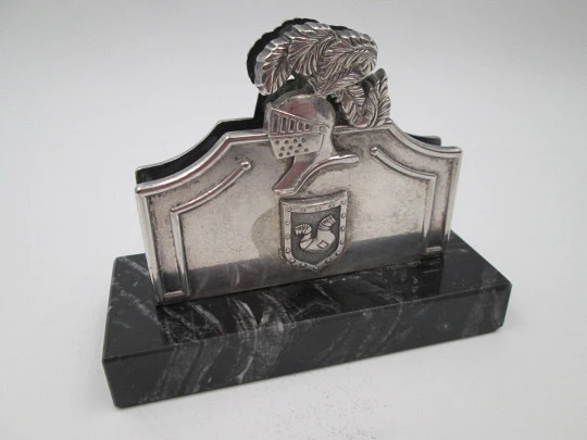 Cards desktop stand / letter holder. Silver plated & marble base. Helmet and shield