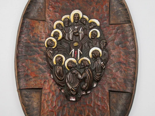 Christ and the Apostles wood plaque. Bronze & Enamel. 1940's. Spain