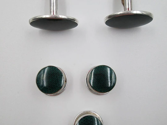 Cufflinks & buttons set. Sterling silver and green enamel. KJD Jewellers