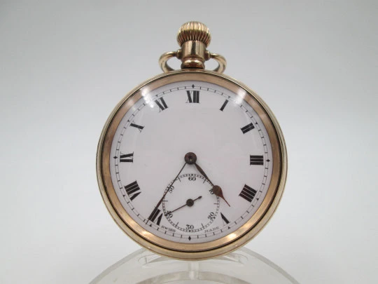 Dennison open-faced pocket watch. Gold plated. Stem-wind. Porcelain dial. 1910's