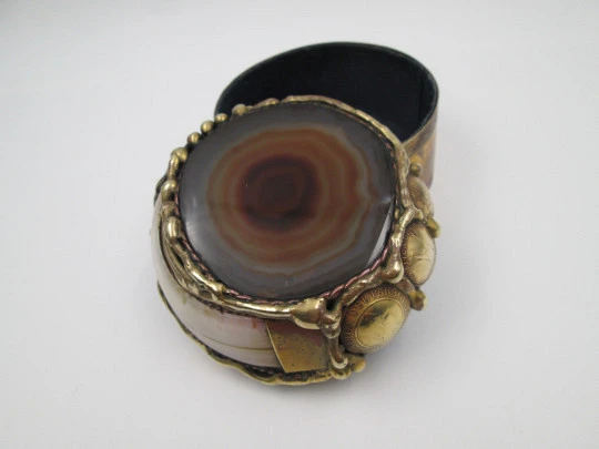 Desk table box. Gold plated metal. Agate, wild boar tusk and South America coins. 1970's