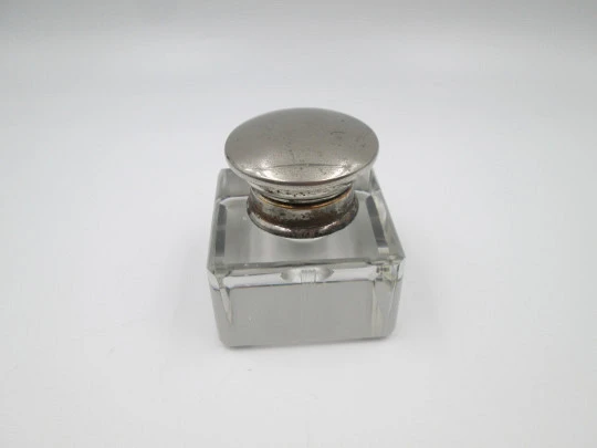 Desk / table glass inkwell. Articulated silver plated lid. Linear motifs. Europe. 1940's