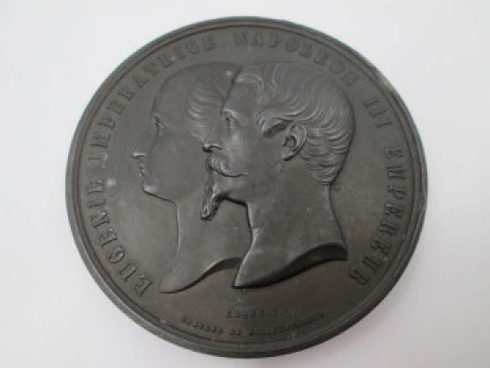 Eugenia and Napoleon III zinc medal. Industry Palace. Armand Auguste Caqué. 1855