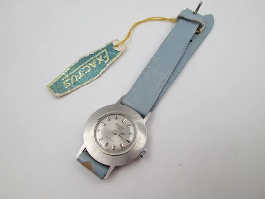 Exactus women's wristwatch. Stainless steel. Manual wind. Grey dial. Swiss. 1970's