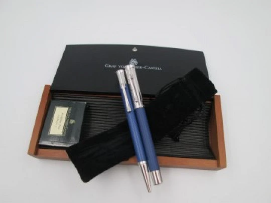 Faber-Castell fountain pen & ballpoint pen. Blue resin & rhodium plated details