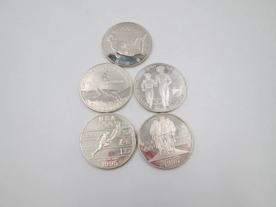 Five one dollar coins. Atlanta XXVI Olympic Games. Sterling silver. 1995. United States