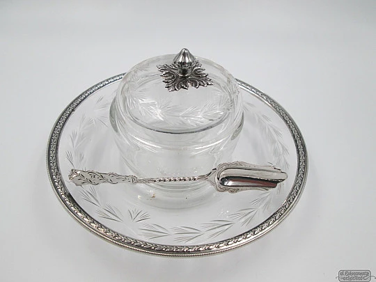 French jam pot with spoon. Sterling silver & cut crystal. 1930's