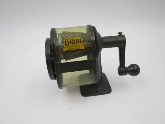 Giant (Apsco) desk pencil sharpener. Green metal & celluloid. Six pencil sizes. 1920's. USA