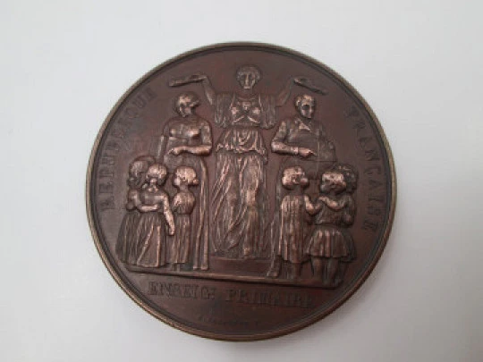 III French Republic copper medal. Primary Education. Jean Baptiste Farochon. 1889