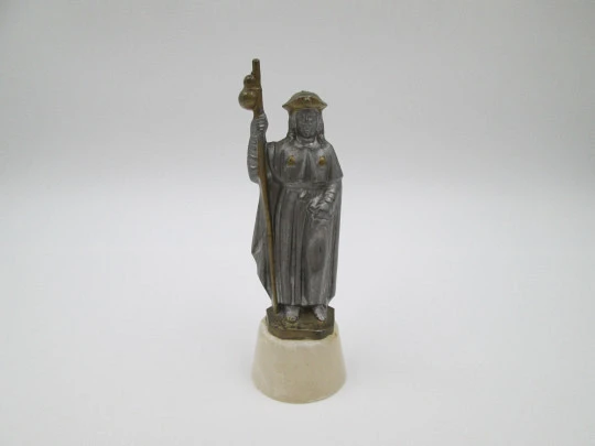 James Apostle Pilgrim sculpture. Calamine, golden details and marble. Spain. 1960's