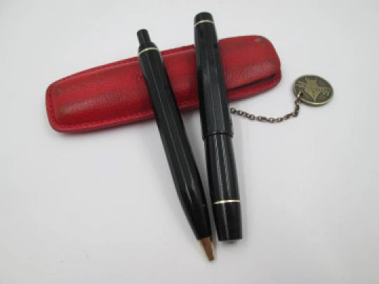 Kaweco Sport set. Fountain pen & ballpoint pen. Black resin. Leather pouch. Germany