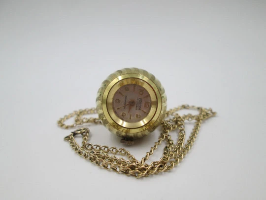 Mortima pendant watch with chain. Gold plated. Manual wind. Ball shape. France. 1970's