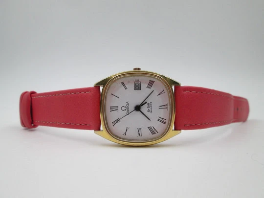 Omega De Ville. Steel and gold plated. Calendar. Quartz. Leather strap. 1980's