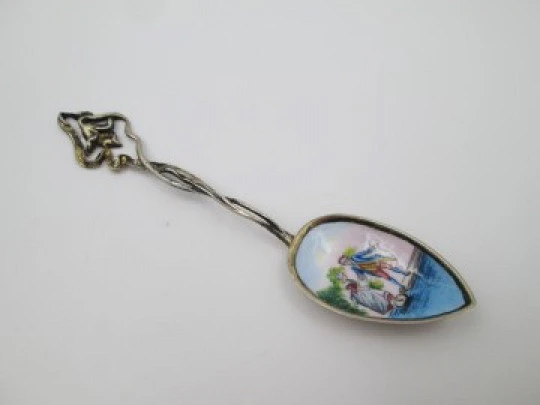 Ornate spoon. Sterling silver vermeil & colours enamel. Romantic scene. 1980's