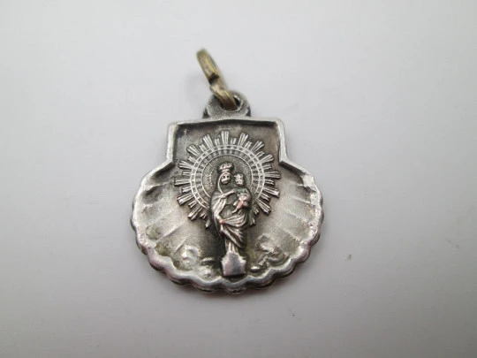 Our Lady of Pilar shell medal. Sterling silver. Handle and ring on top. Spain. 1970's