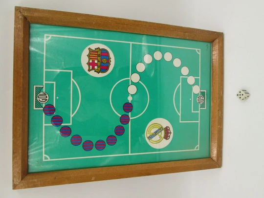 Parchigol board game. Barcelona Madrid football match. Wood, glass and cardboard