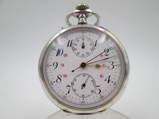 Pocket chronograph. Silver plated. Stem-wind / pin-set. Tachymeter scale. Swiss. 1890's