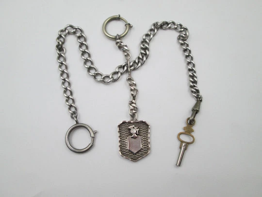 Pocket watch curb link chain. Sterling silver. Shield pendant. Spring ring clasp & key. 1900's