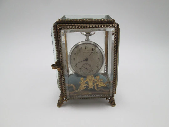 Pocket watch exhibition display cabinet table box. Gold plated metal and beveled glass