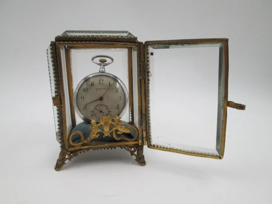 Pocket watch exhibition display cabinet table box. Gold plated metal and beveled glass