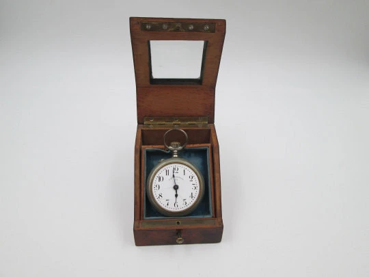 Pocket watch exhibition table box. Root wood, golden metal and beveled glass. 1920's