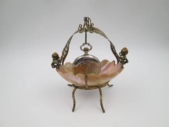 Pocket watch exhibition table holder with pen stand. Gold plated and mother of pearl shell