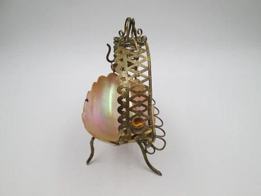 Pocket watch exhibition table holder with pen stand. Gold plated and mother of pearl shell