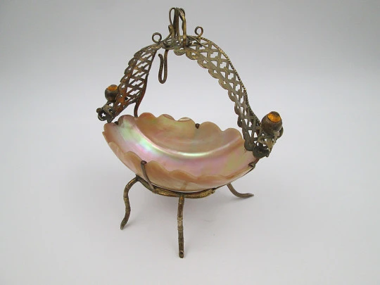 Pocket watch exhibition table holder with pen stand. Gold plated and mother of pearl shell