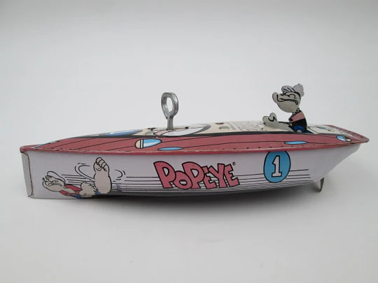 Popeye Speedboat. Lithographed tinplate. Wind-up mechanism. Schylling. USA. 1996