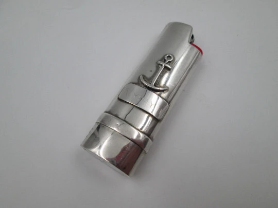 Pretty sterling silver BIC big lighter cover. Anchor motif on front. Spain. 1990's