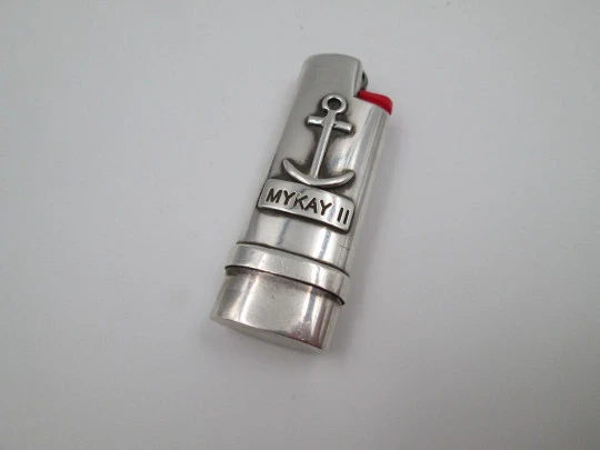 Pretty sterling silver BIC little lighter cover. Anchor motif on front. Spain. 1990's