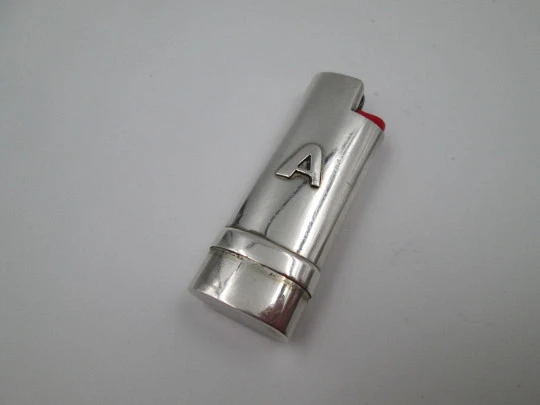 Pretty sterling silver BIC little lighter cover. Letter A motif on front. Spain. 1990's