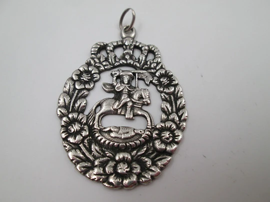 Saint James Moor-slayer openwork medal. Sterling silver. Floral edge. Spain. 19th century