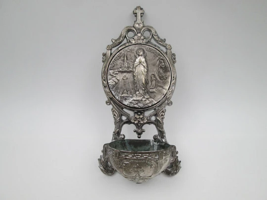 Sanctuary Notre-Dame of Lourdes holy water font. Silver plated metal. Emile Dropsy. 1920's