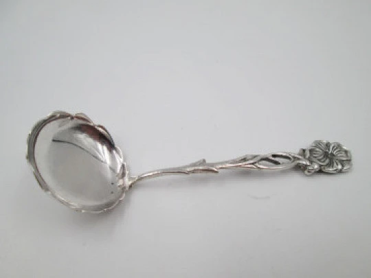 Serving spoon. 925 sterling silver. Openwork handle & wide head. Flower motif. 1970's