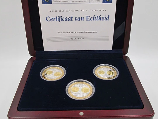 Set 3 coins. 50 euros. Silver. 24K gold plated. San Marino, Monaco and Vatican