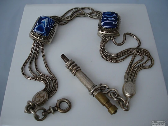 Silver chatelaine. Four threads watch chain. Ceramic slides