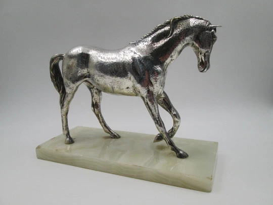 Silver plated horse sculpture with white marble base. Cunill Goldsmiths. Spain. 1990's