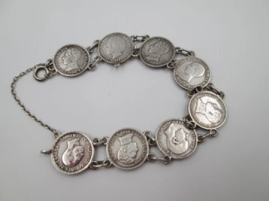 Spanish 50 cents coins women's bracelet. Alfonso XIII king. Sterling silver. 1900's