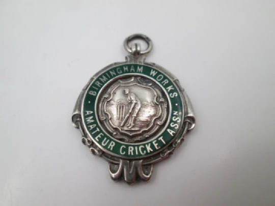 Sports fob medal. Amateur Cricket Association. Silver & enamel. A.S.&Co. 1934