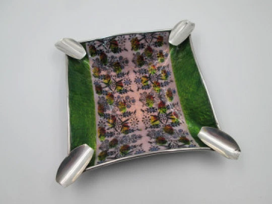 Square ashtray. 925 sterling silver and colored enamel. Floral motifs. 1980's. Spain