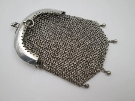 Sterling silver double mesh purse. Half moon clutch frame. Balls clasp. 1920