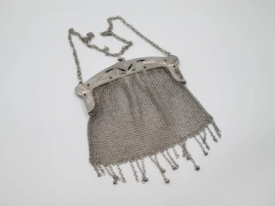 Sterling silver mesh bag. Openwork clutch frame. Flowers & geometric motifs. Chain